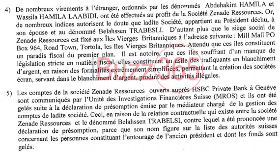 Les points 4 et 5 du rapport de la commission tunisienne des analyses financières prouvants l'implication du clan déchu ainsi