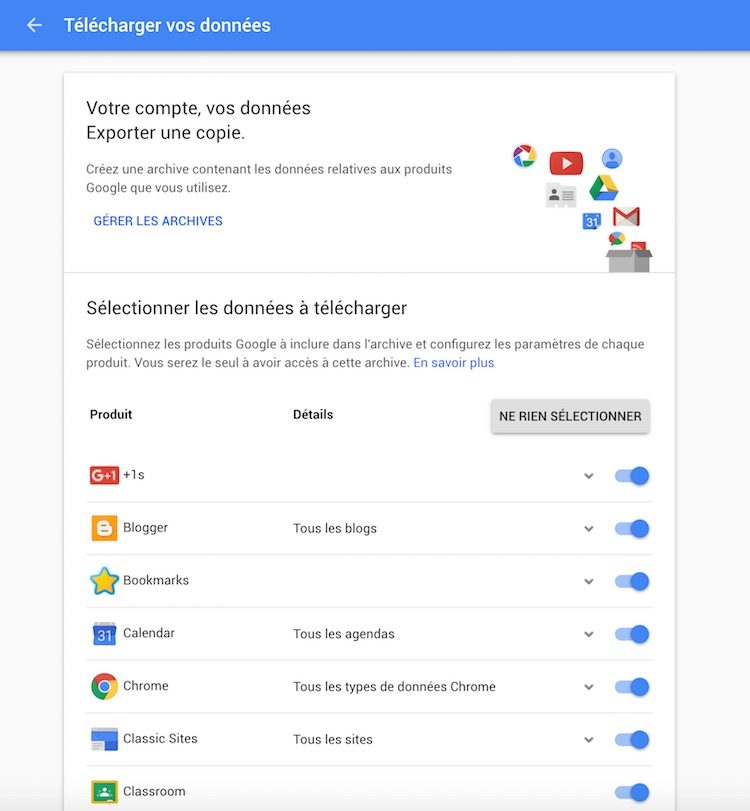 Google Takeout : Sélectionner les données et leurs types d'export